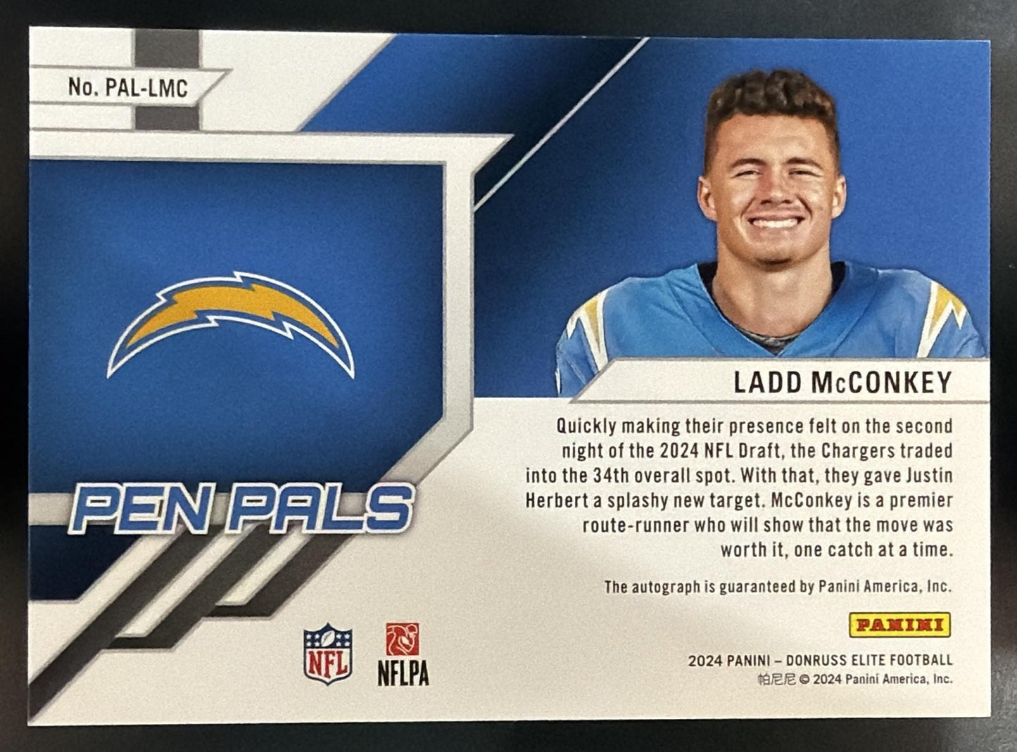 2024 Panini Donruss Elite Ladd McConkey #PAL-LMC Pen Pals Auto RC Chargers — back