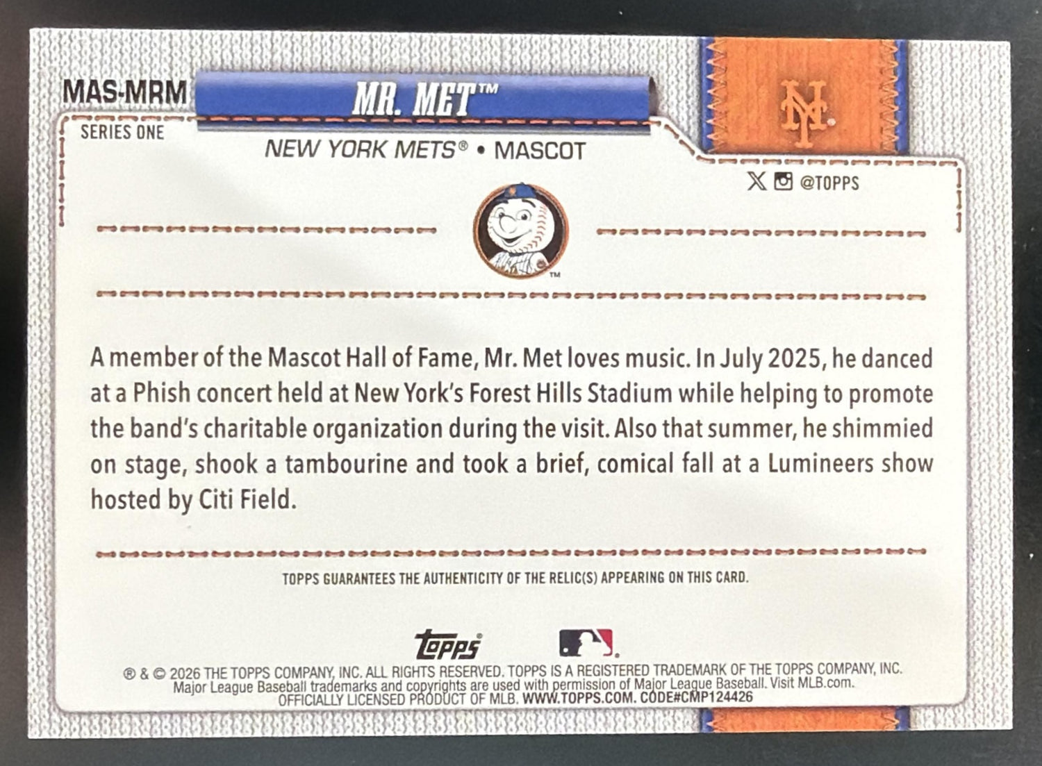 2026 Topps Series 1 Mr. Met #MAS-MRM Mascots Relics MEM Mets — back