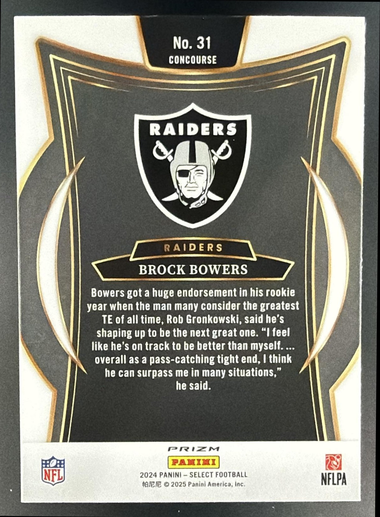 2024 Panini Select Brock Bowers #31 Concourse Black and Gold Prizm Shock RC — back