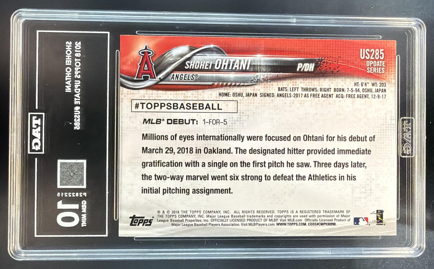 2018 Topps Update Shohei Ohtani #US285 RC Angels TAG 10 — back