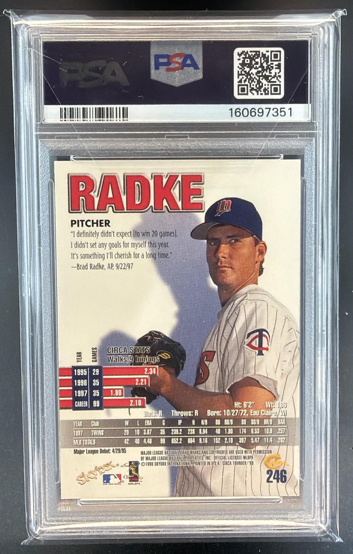 1998 Skybox Circa Thunder Brad Radke #246 Twins PSA 8 — back