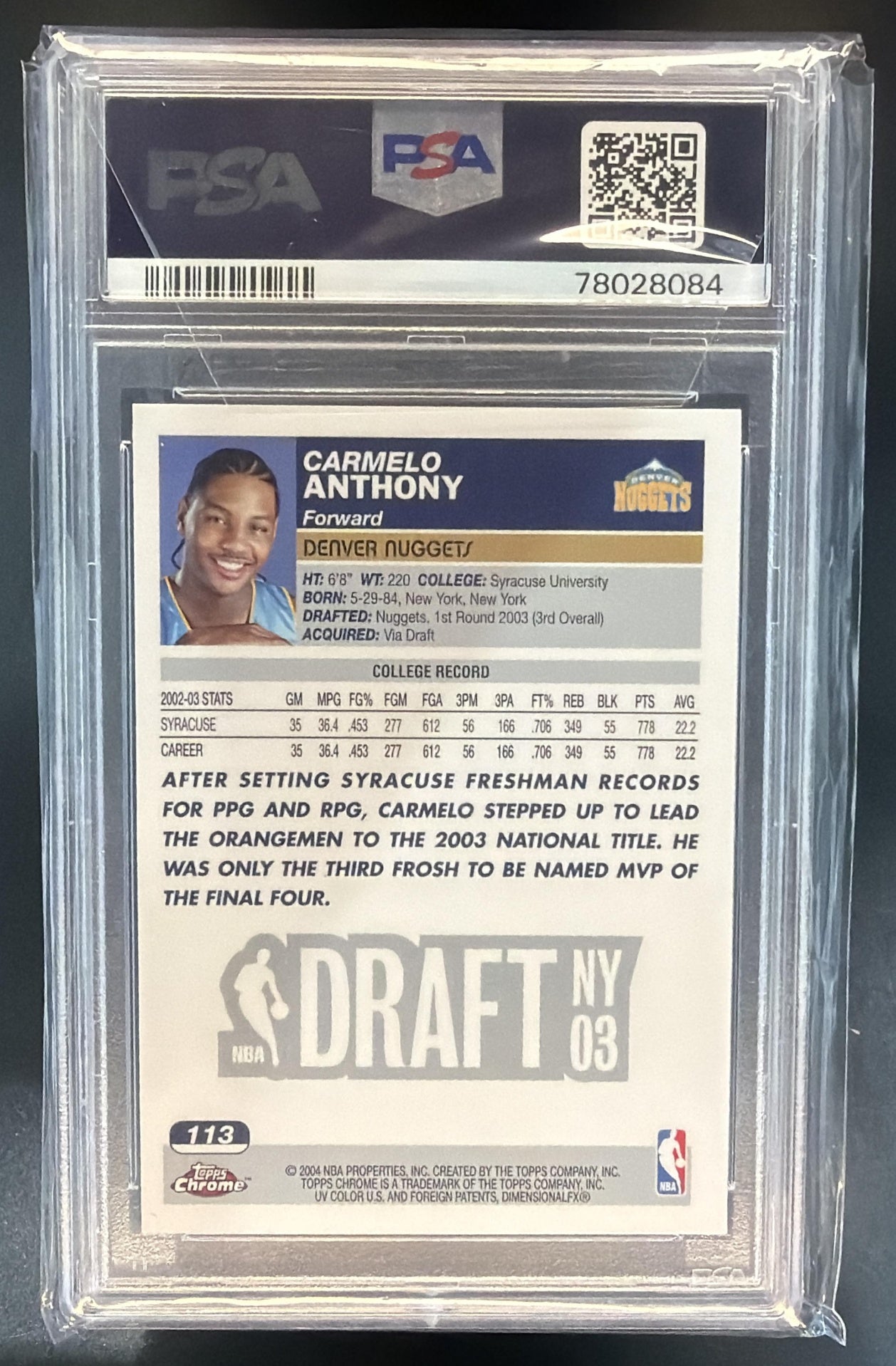 2003-04 Topps Chrome Carmelo Anthony #113 RC Nuggets PSA 9 — back