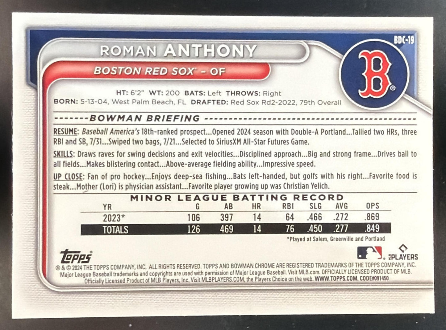 2024 Bowman Draft Roman Anthony #BDC-19 Chrome Purple Refractor 6/250 Red Sox — back