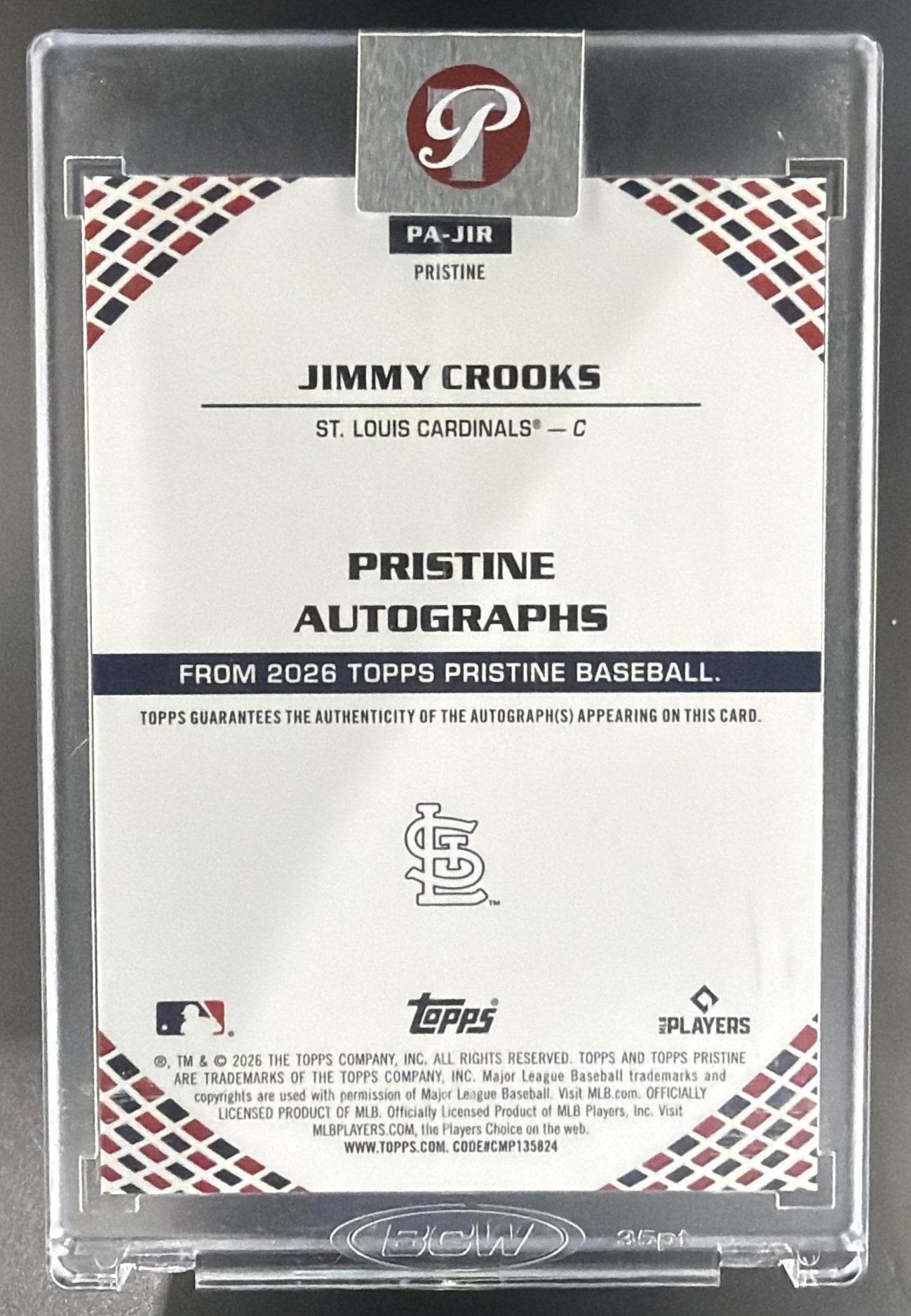 2026 Topps Pristine Jimmy Crooks #PA-JIR Auto Refractor RC Cardinals — back