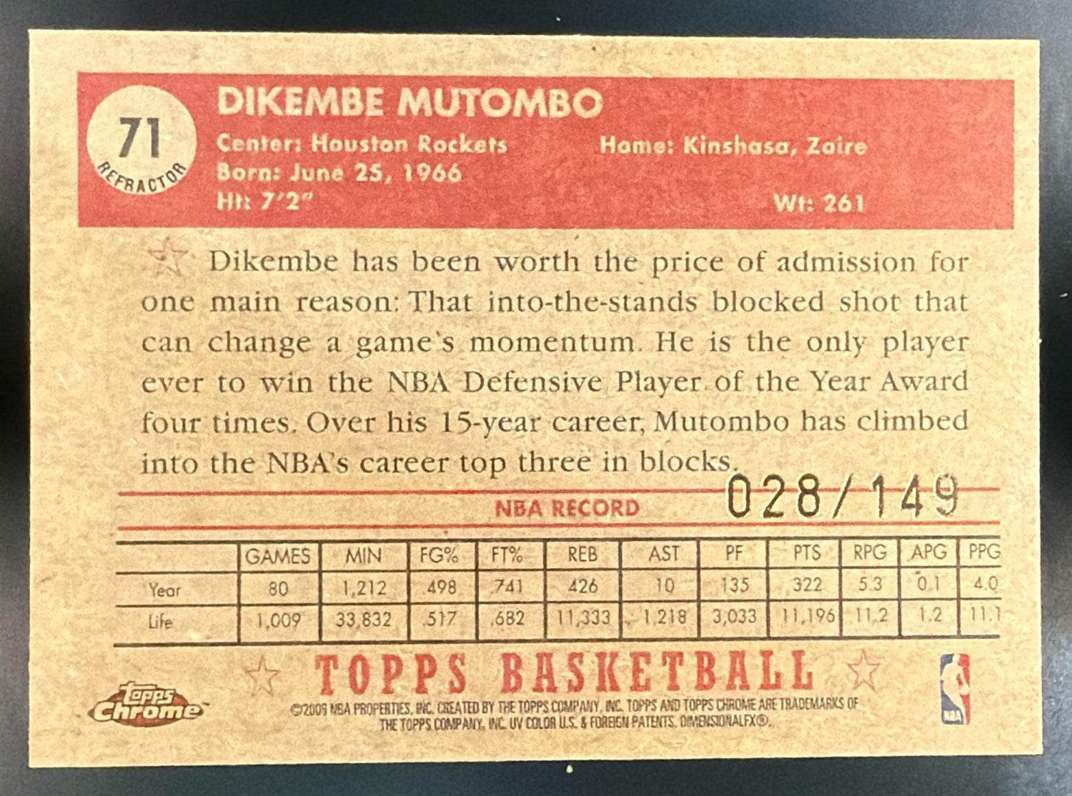 2005 Topps 1952 Style Dikembe Mutombo #71 Chrome Refractor Blue /149 — back