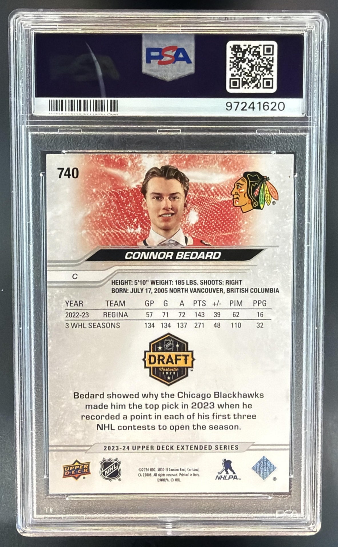 2023-24 Upper Deck Connor Bedard #740 1st Round Draft RC Blackhawks PSA 10 — back