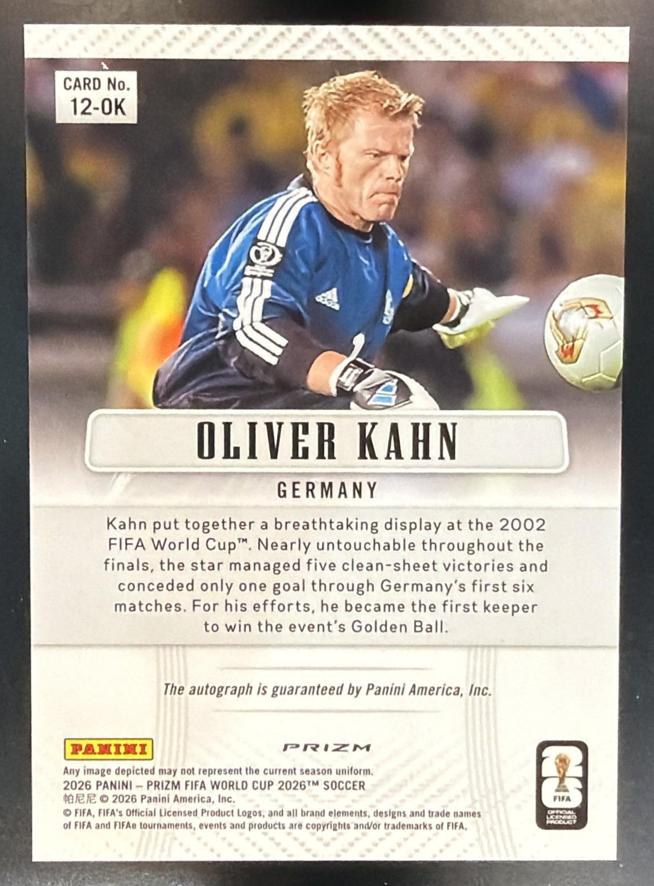 2026 Panini Prizm World Cup Oliver Kahn 2012 Throwback Signatures Wave Auto — back