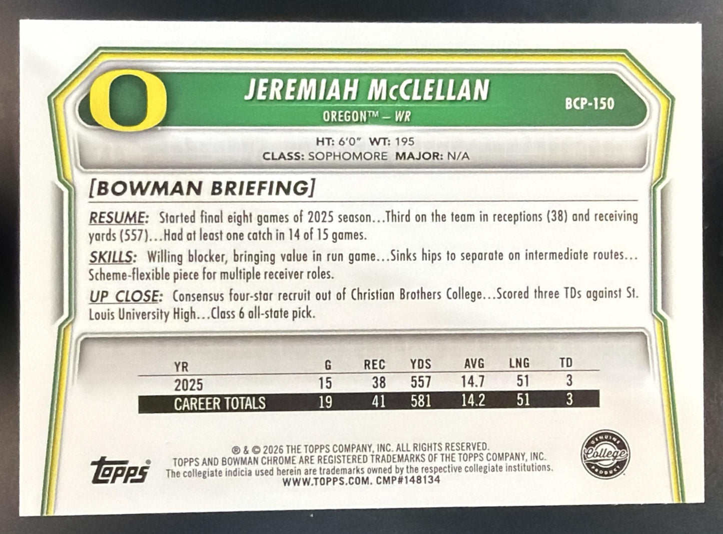 2026 Bowman Jeremiah McClellan #BCP-150 Chrome Aqua Refractor /199 1st Prospect — back