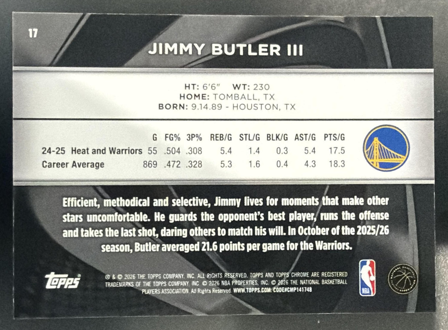2025-26 Topps Chrome Black Jimmy Butler III #17 Orange Refractor 10/25 Warriors — back