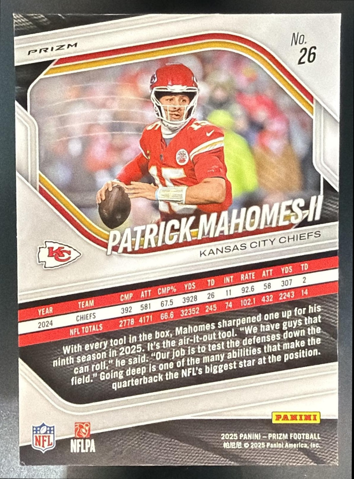 2025 Panini Prizm Patrick Mahomes II #26 Red Flash Chiefs — back