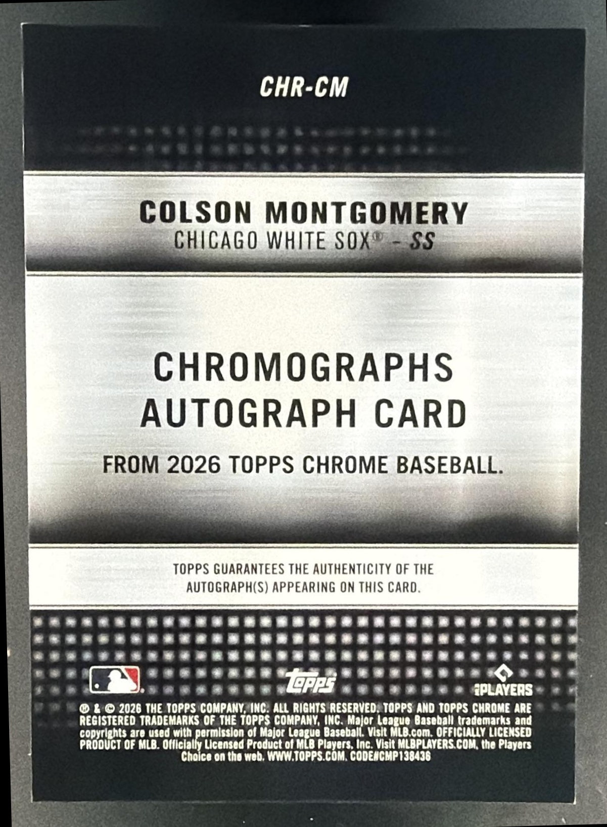 2026 Topps Chrome Colson Montgomery #CHR-CM Chromographs Auto /50 RC SSP — back