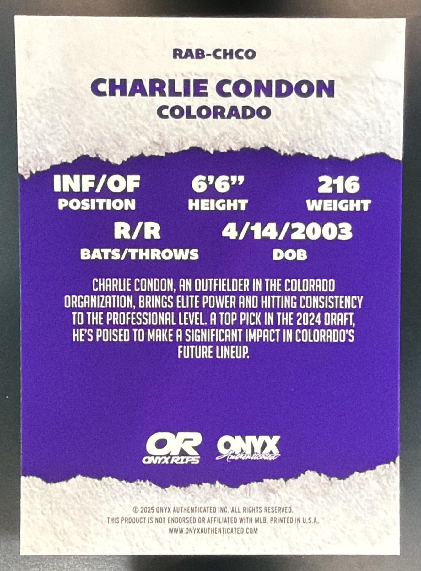 2025 Onyx Rips Charlie Condon On Card Auto — back