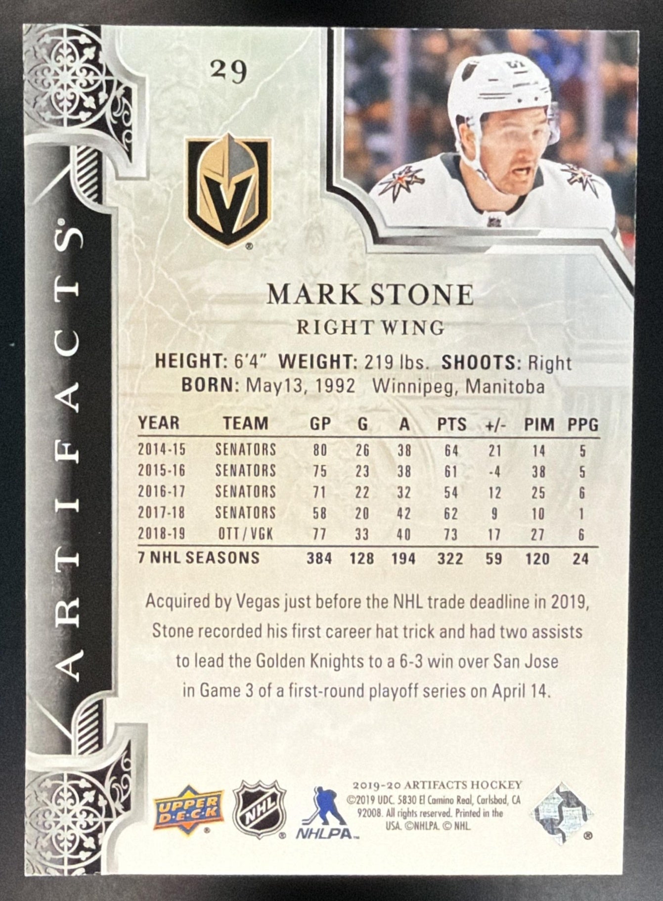 2019-20 Upper Deck Artifacts Mark Stone #29 Aqua 37/45 Golden Knights — back