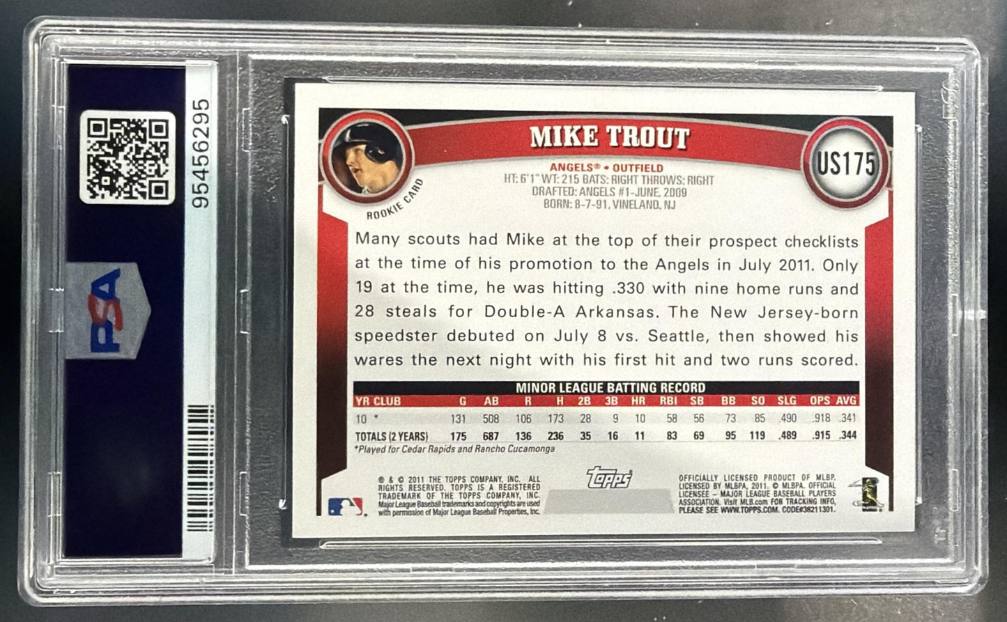 2011 Topps Update Mike Trout #US175 RC Angels PSA 8 — back