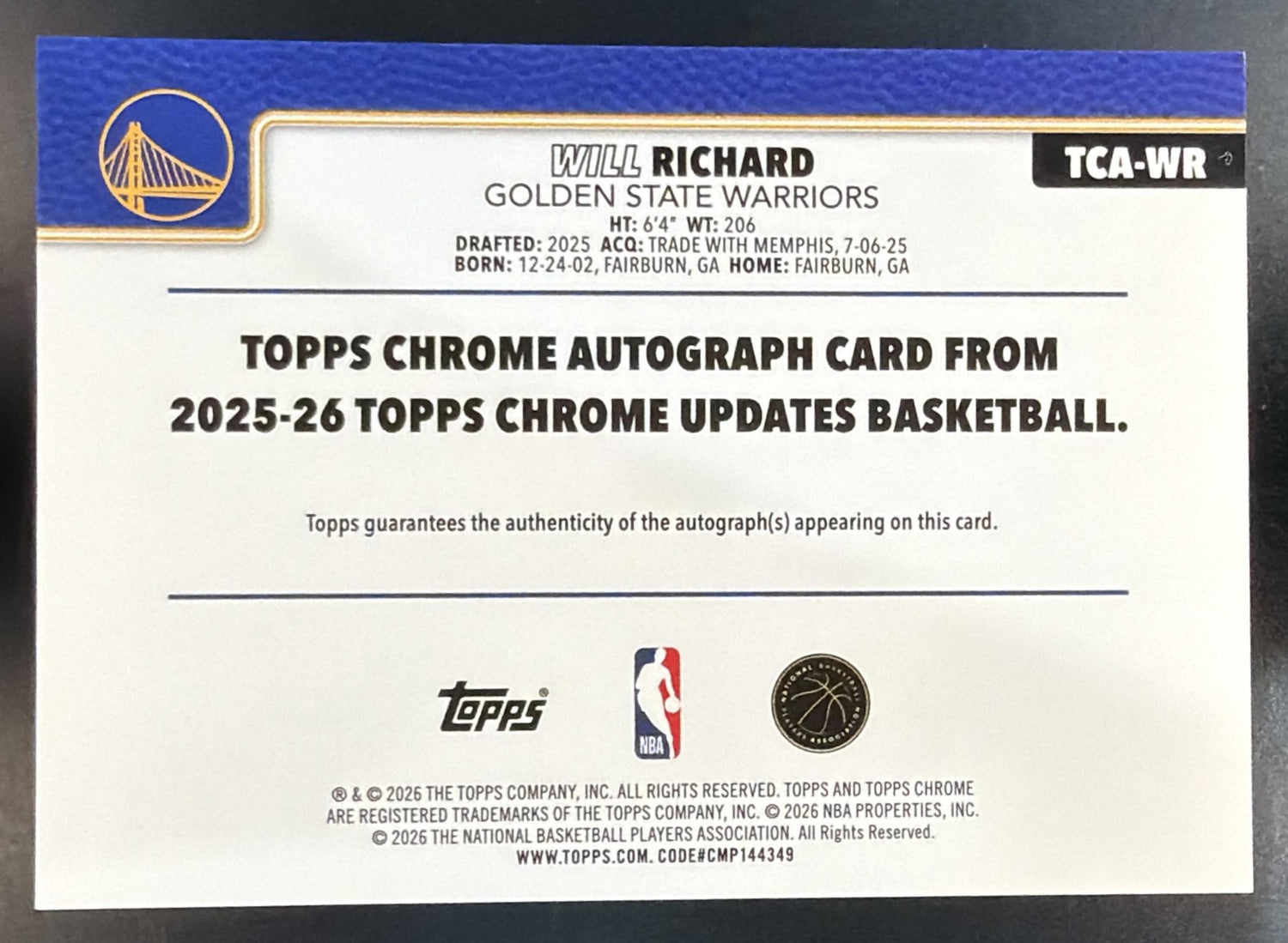2025 Topps Chrome Update Will Richard #TCA-WR Auto Purple Refractor /75 RC — back