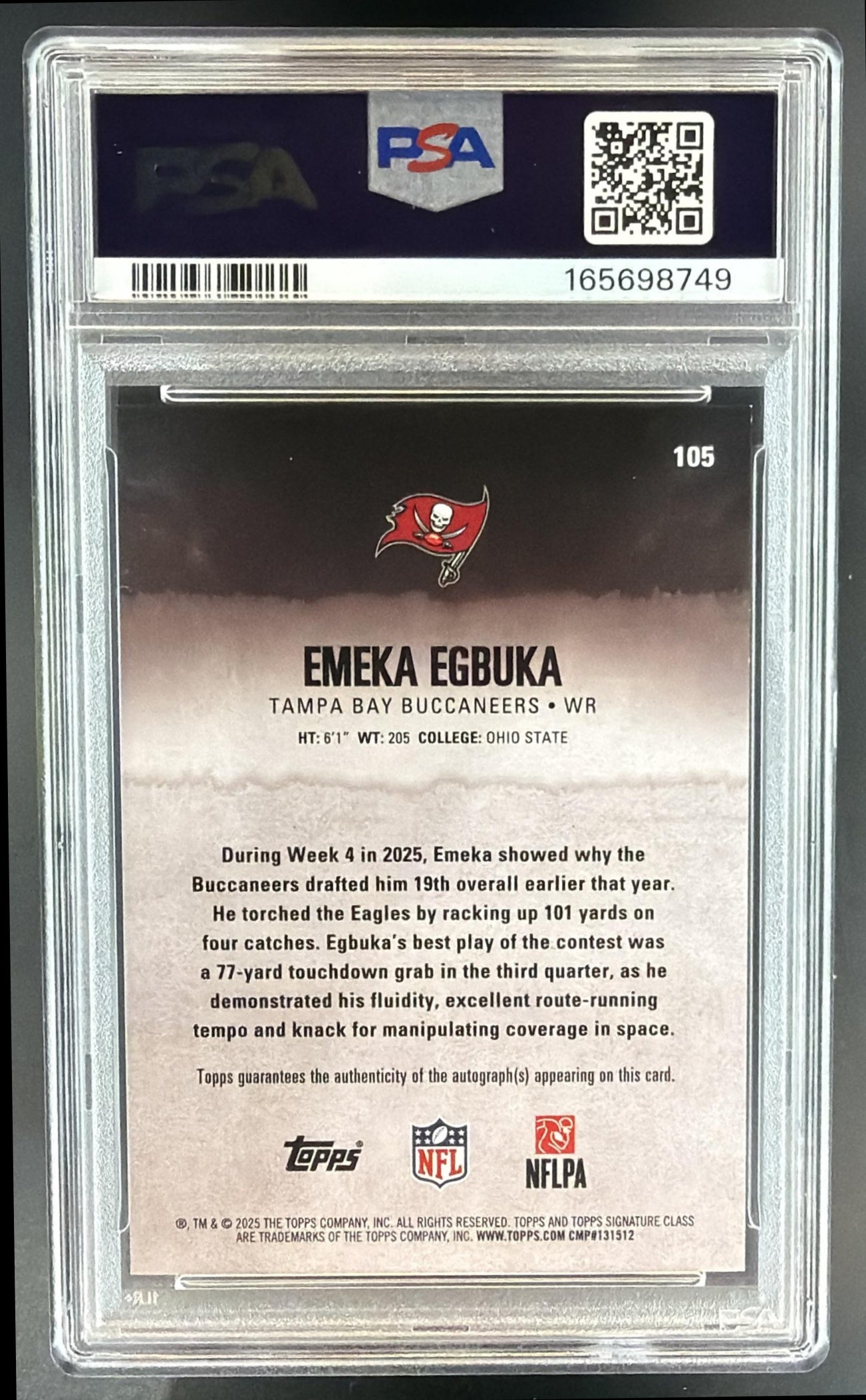 2025 Topps Signature Class Emeka Egbuka #105 Rookie Auto RC Buccaneers PSA 6 — back