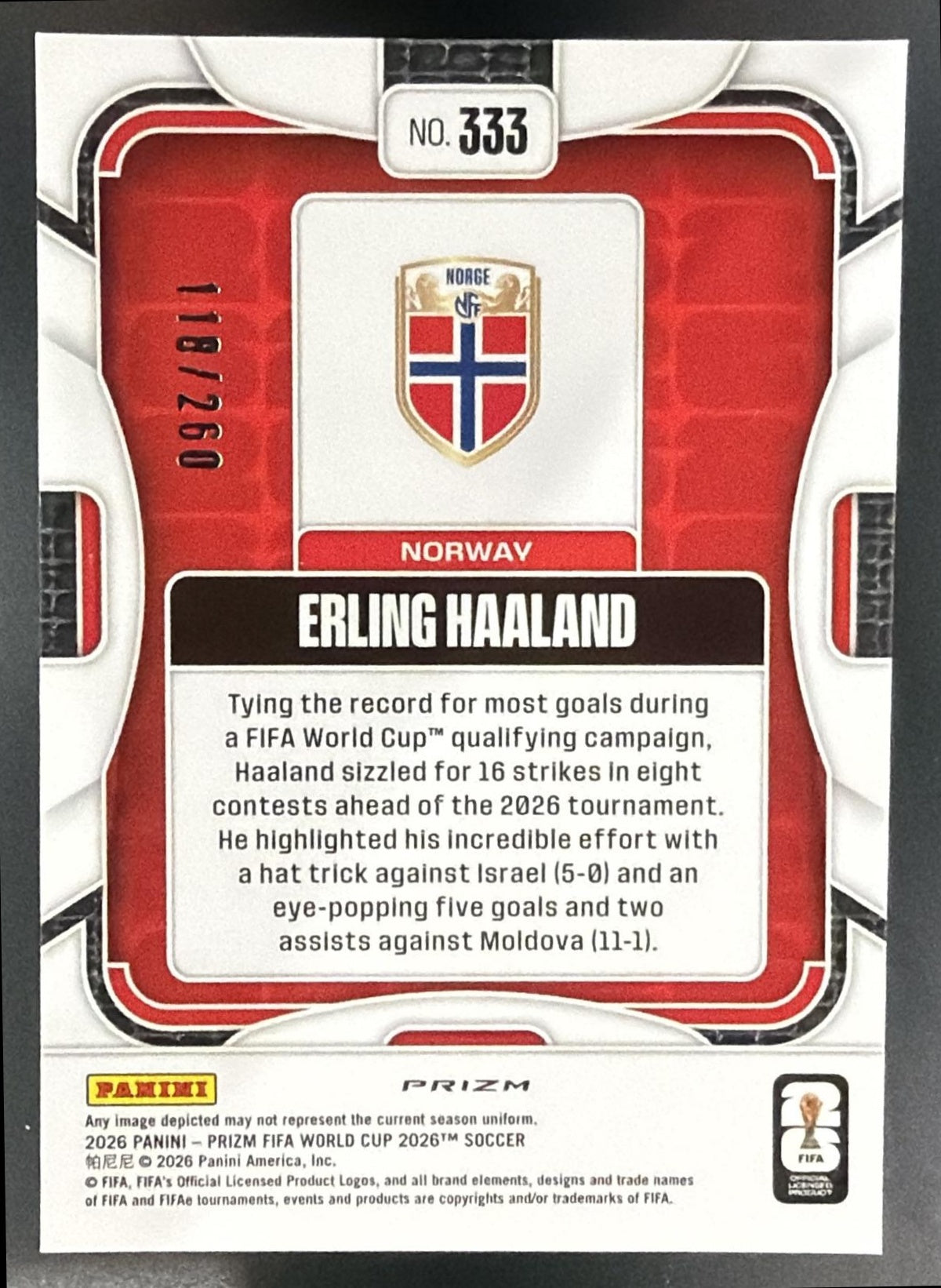 2026 Panini Prizm World Cup Erling Haaland #333 Orange Lazer 118/260 Norway — back