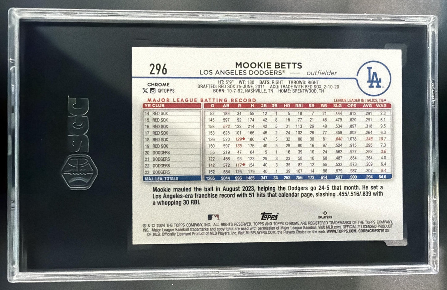 2024 Topps Chrome Logofractor Mookie Betts #296 Black MLB Refractor /10 SGC 10 — back