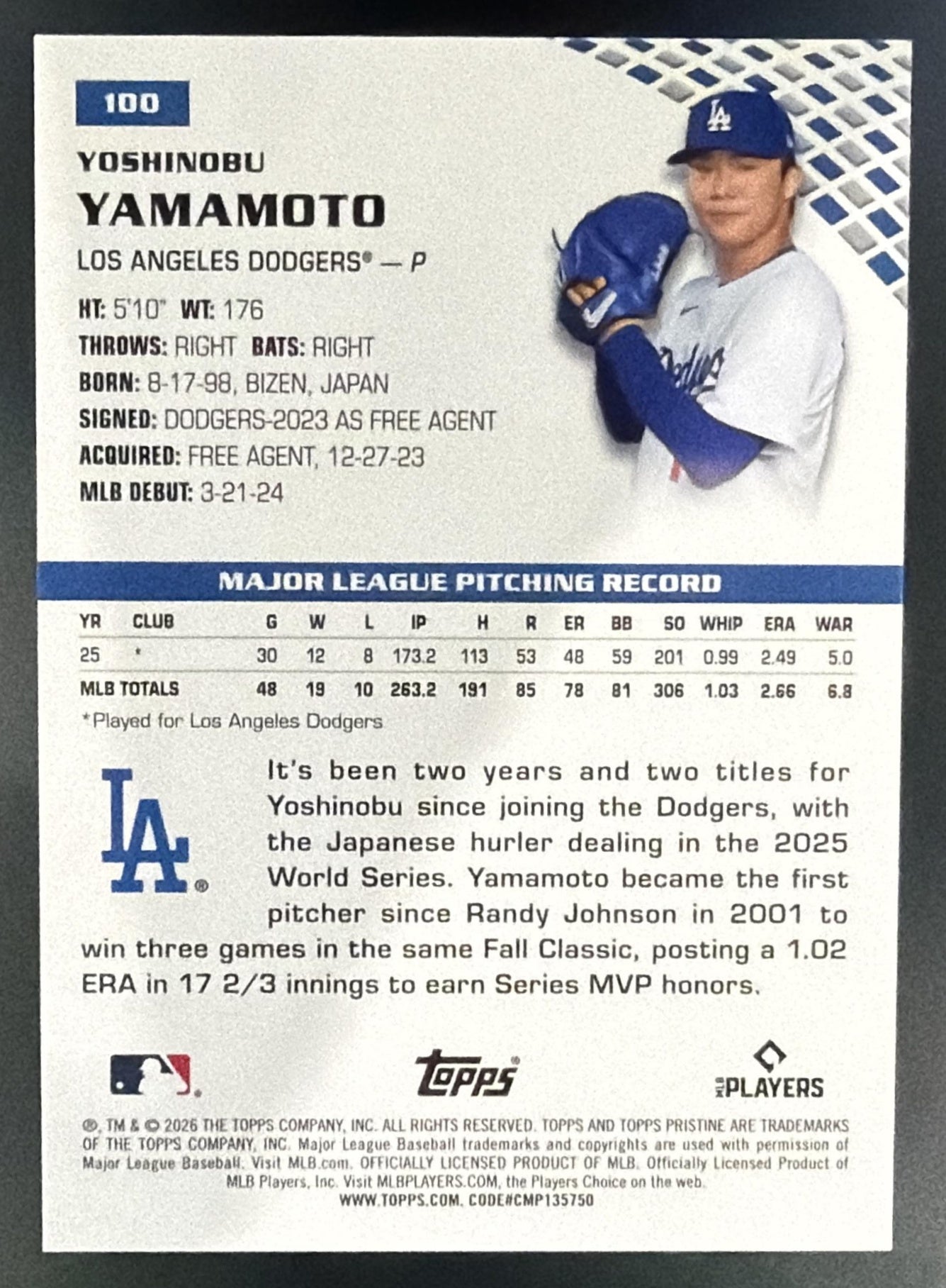 2026 Topps Pristine Yoshinobu Yamamoto #100 Purple Refractor 14/99 Dodgers — back