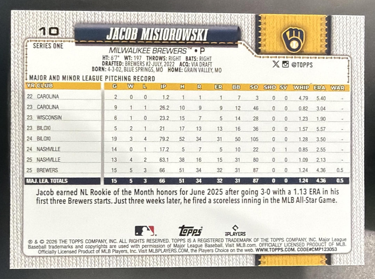 2026 Topps Series 1 Jacob Misiorowski #10 Holo Foil RC Brewers — back
