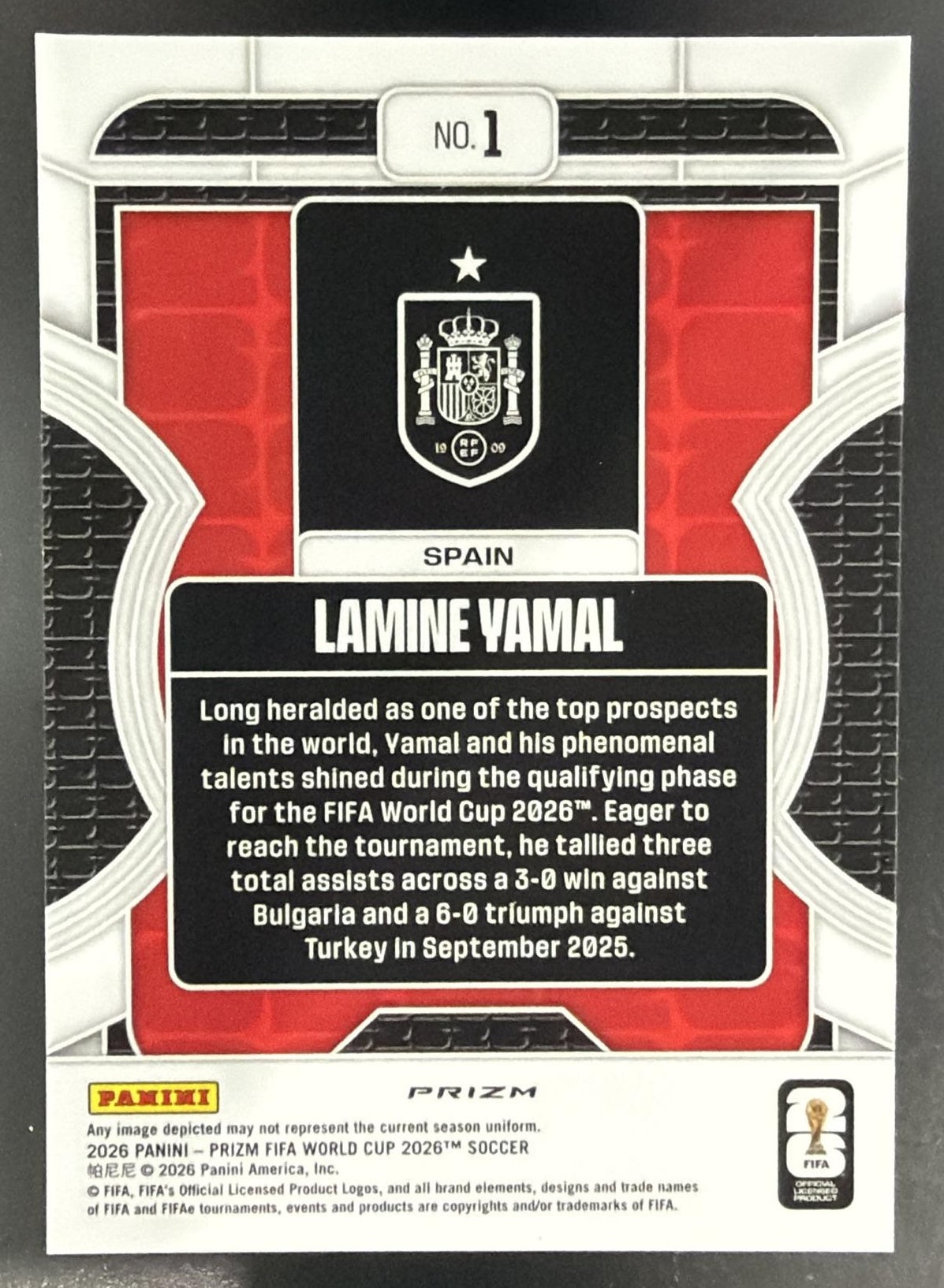 2026 Panini Prizm World Cup Lamine Yamal #1 Phenomenon Silver Spain — back