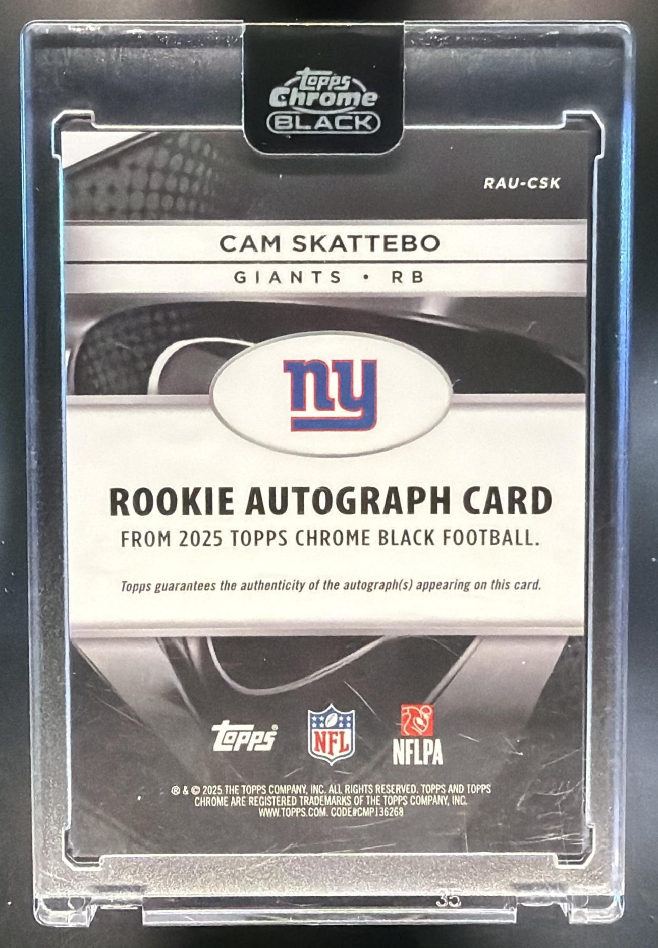 2025 Topps Chrome Black Cam Skattebo #RAU-CSK Rookie Auto RC Giants — back