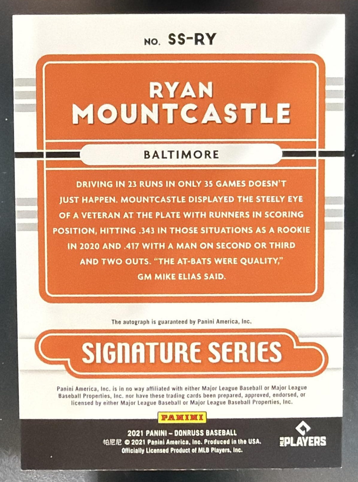 2021 Panini Donruss Ryan Mountcastle #SS-RY Signature Series Auto RC Orioles — back