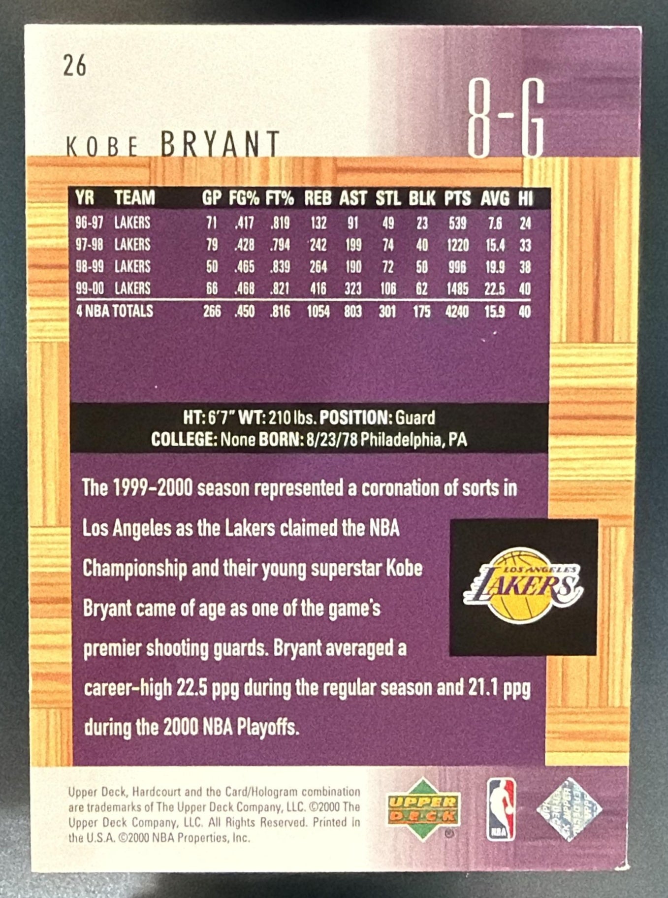 2000-01 Upper Deck Hardcourt Kobe Bryant #26 Lakers — back