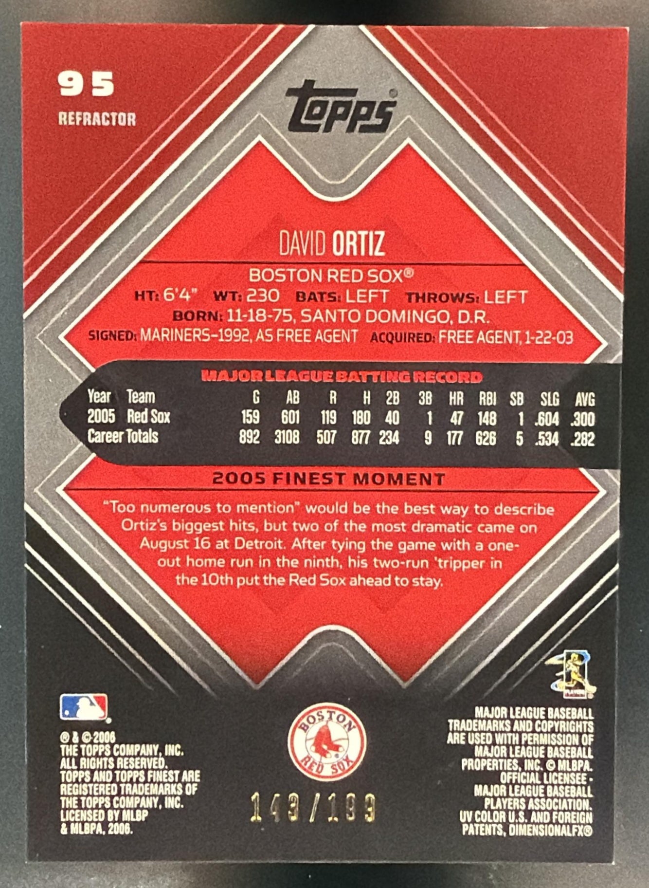 2006 Topps Finest David Ortiz #95 Refractor Green /199 Red Sox — back
