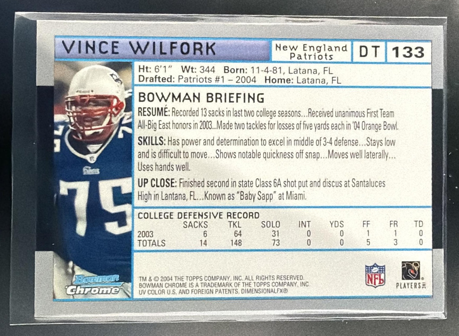 2004 Bowman Chrome Vince Wilfork #133 RC Patriots — back