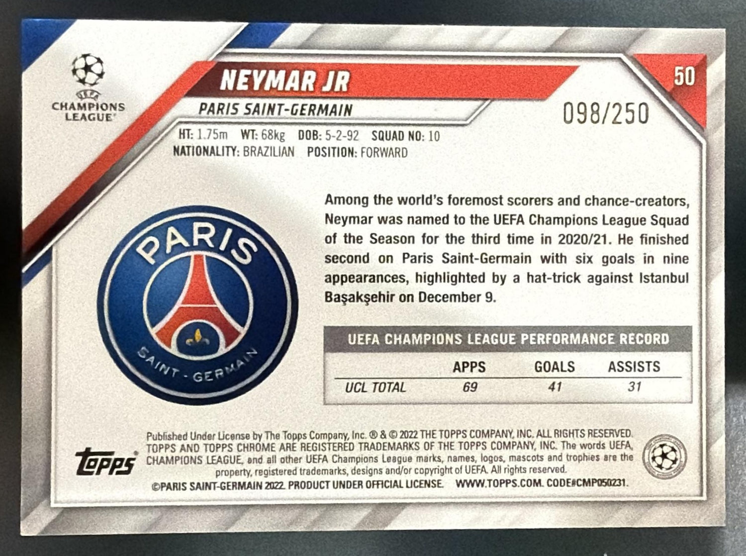 2021 Topps Chrome Champions League Neymar Jr Purple Mini Diamond Refractor /250 — back