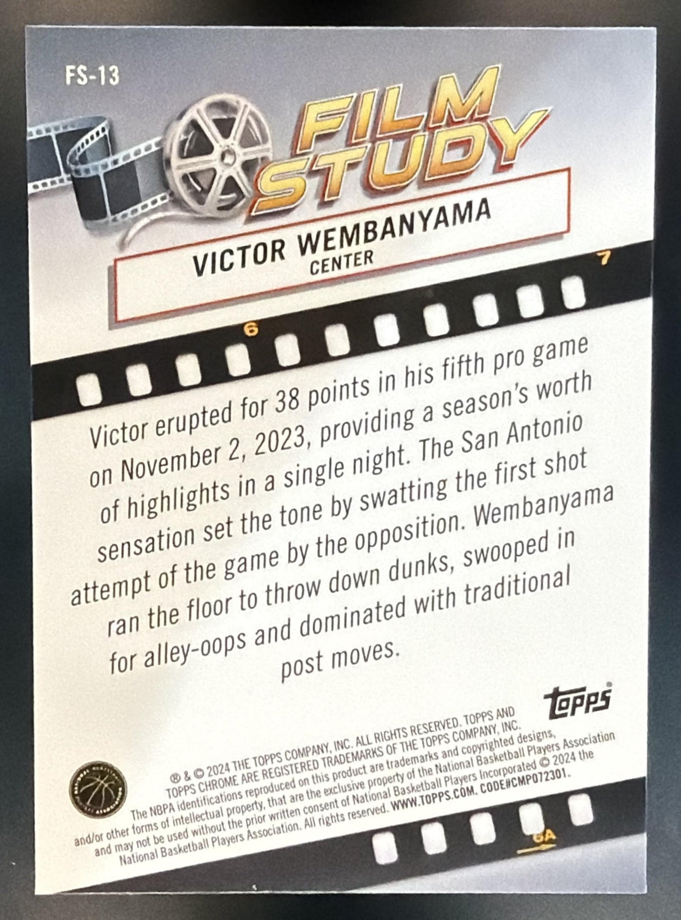2023-24 Topps Chrome Victor Wembanyama #FS-13 Film Study RC Spurs — back