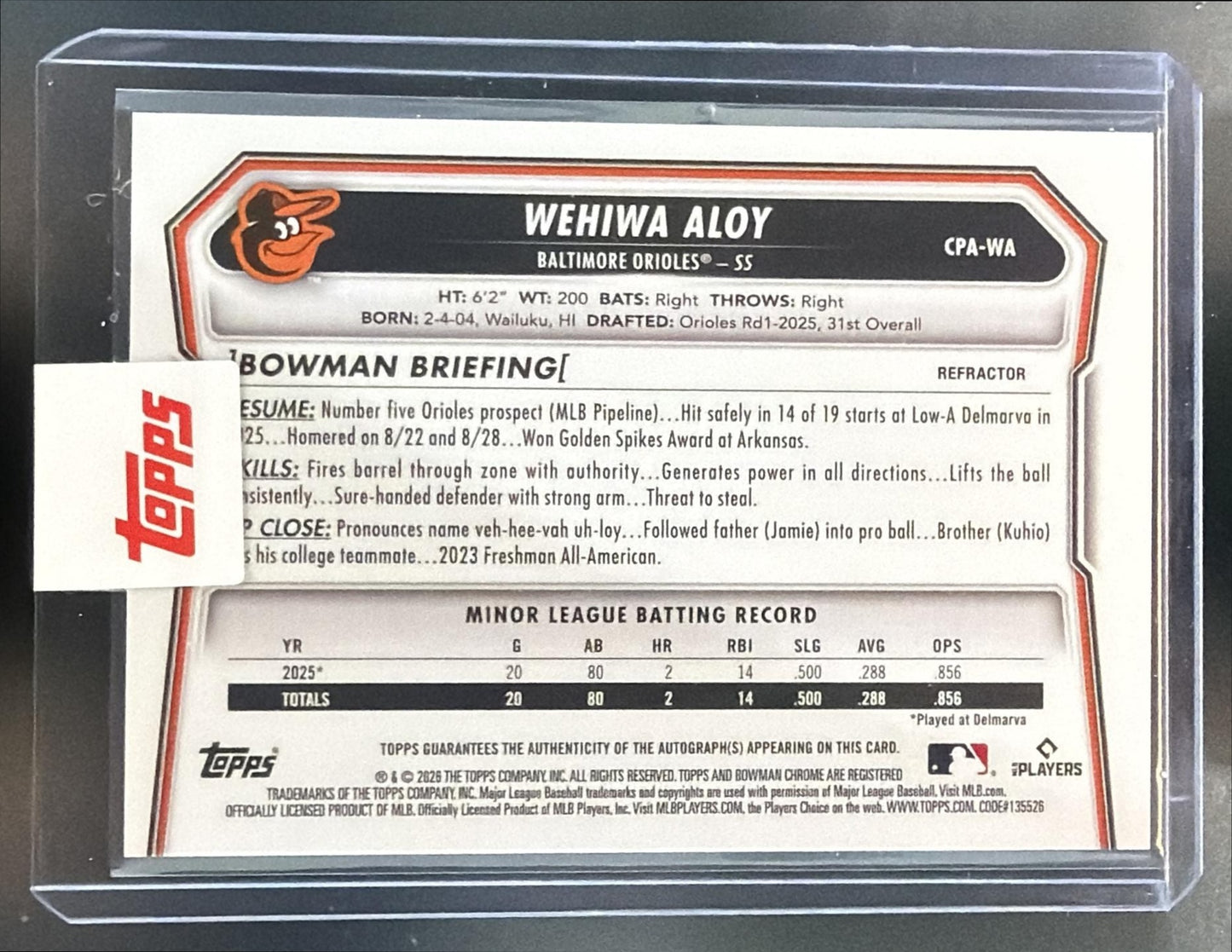 2026 Bowman Wehiwa Aloy #CPA-WA Chrome Auto Refractor /499 1st Prospect — back
