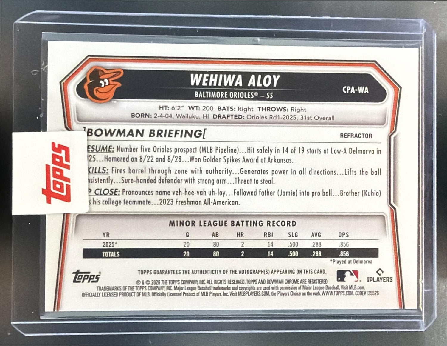 2026 Bowman Wehiwa Aloy #CPA-WA Chrome Auto Refractor /499 1st Prospect — back