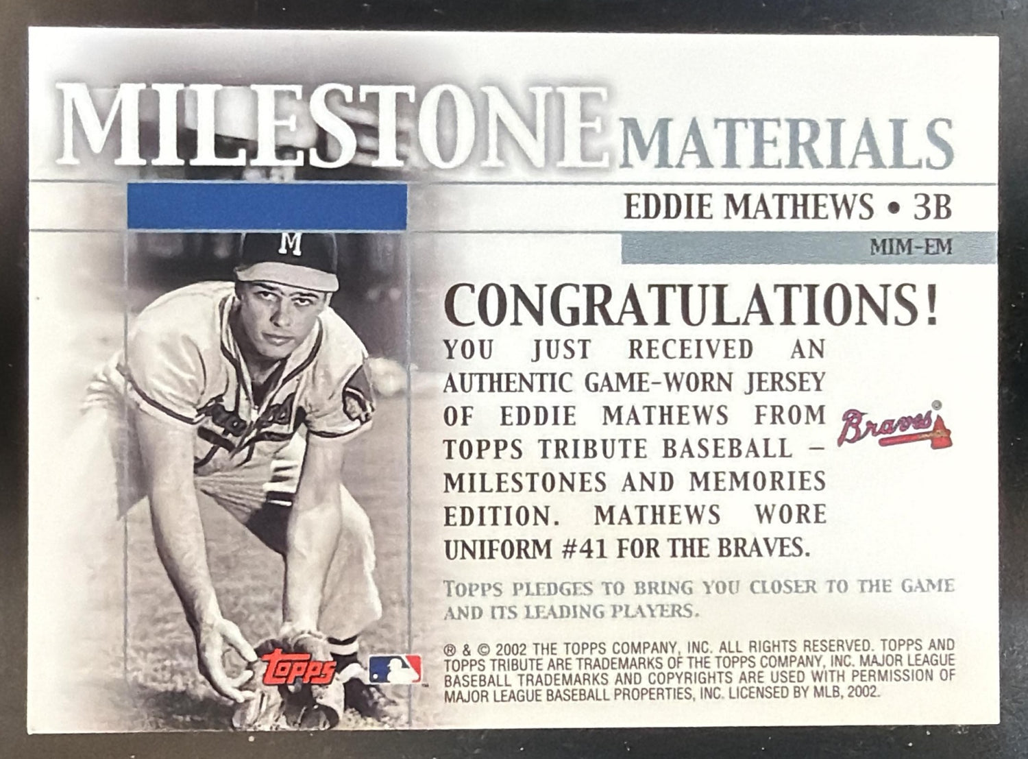 2002 Topps Tribute Eddie Mathews #MIM-EM Milestone Materials MEM — back