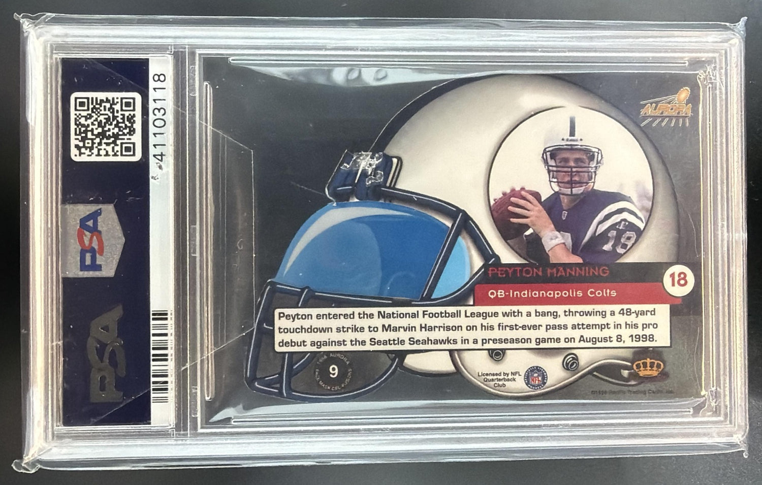 1998 Pacific Aurora Peyton Manning #9 Face Mask Cel Fusions RC Colts PSA 10 — back