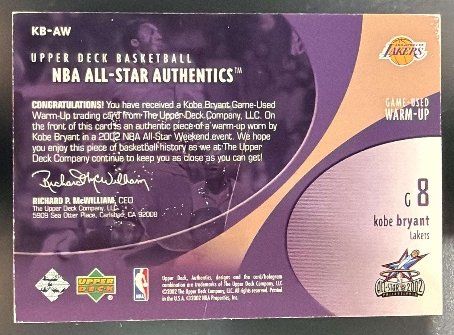 2002-03 Upper Deck Kobe Bryant #KB-AW NBA All Star Authentics: Warm Ups Lakers — back