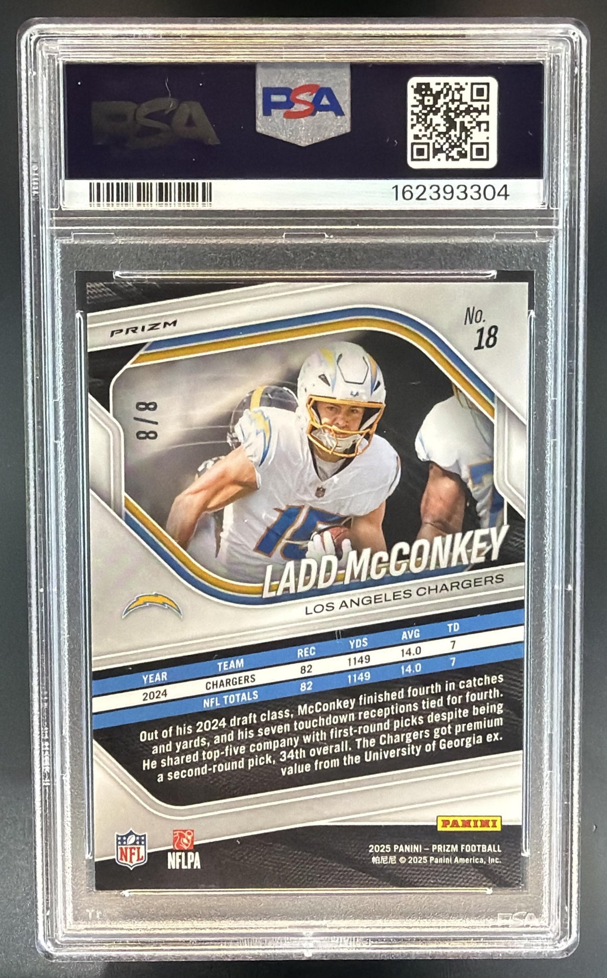2025 Panini Prizm Ladd McConkey #18 Plum Blossom 8/8 Chargers PSA 10 — back
