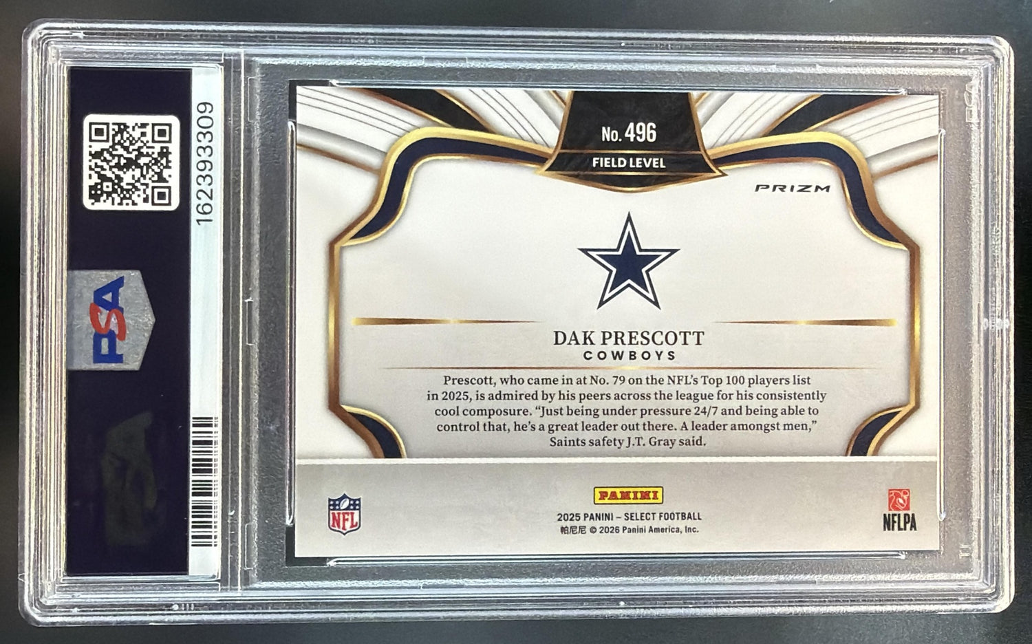 2025 Panini Select Dak Prescott #496 Field Level Zebra Prizm Cowboys PSA 10 — back