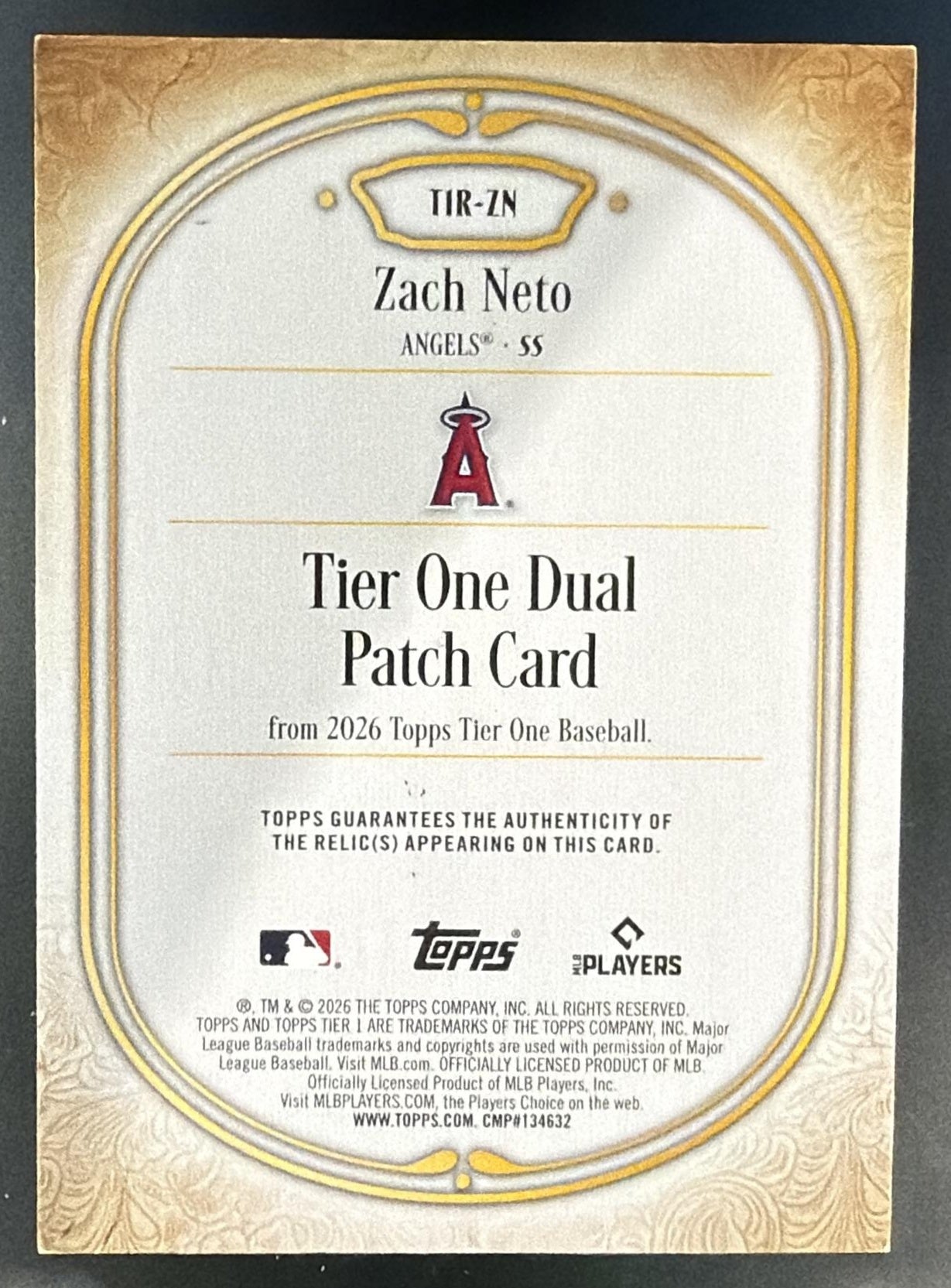 2026 Topps Tier One Zach Neto #T1R-ZN Relic Dual Patch 2/25 MEM Angels — back