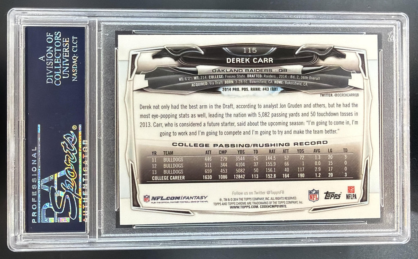 2014 Topps Chrome Derek Carr #115 RC Raiders PSA 10 — back