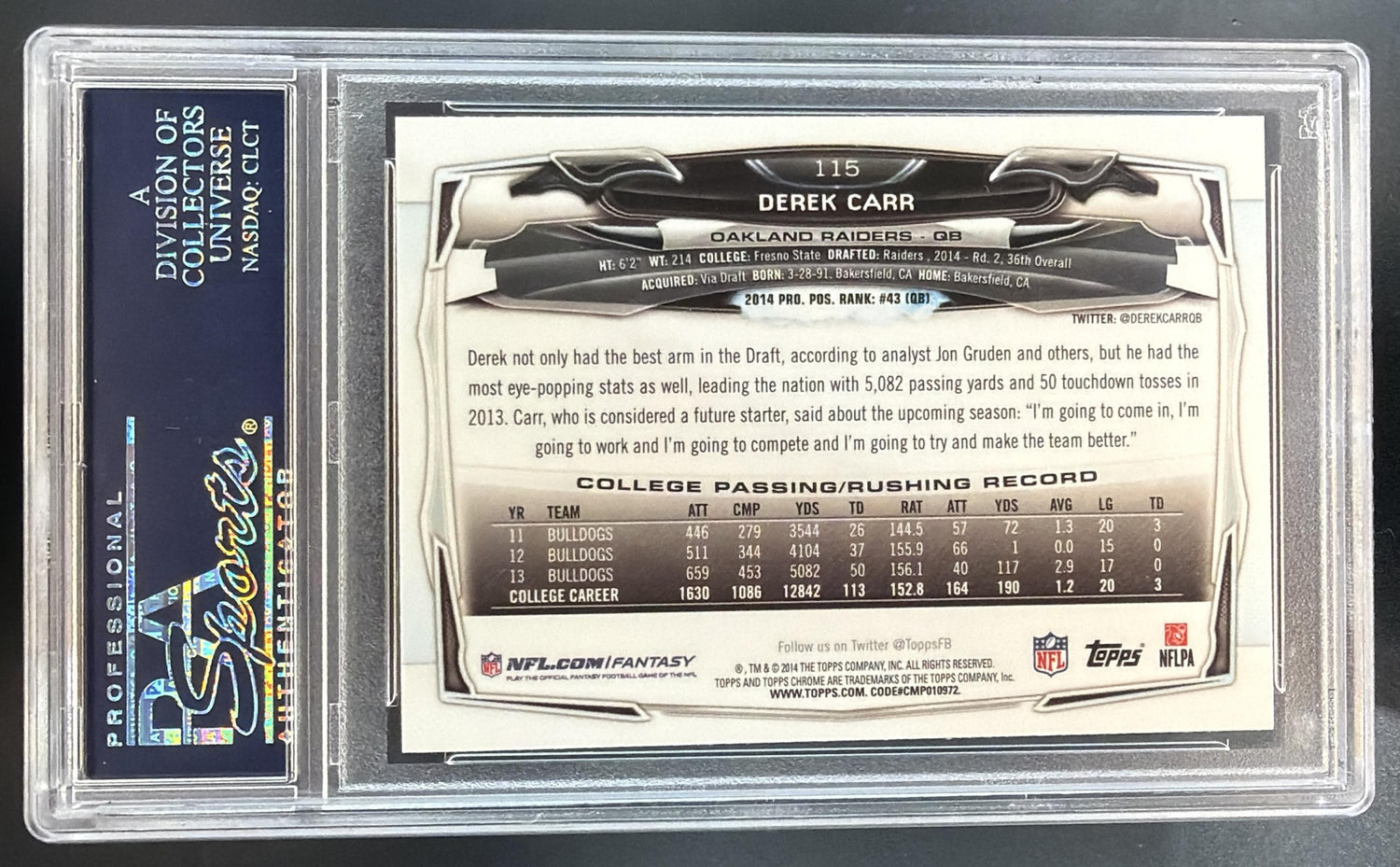 2014 Topps Chrome Derek Carr #115 RC Raiders PSA 10 — back