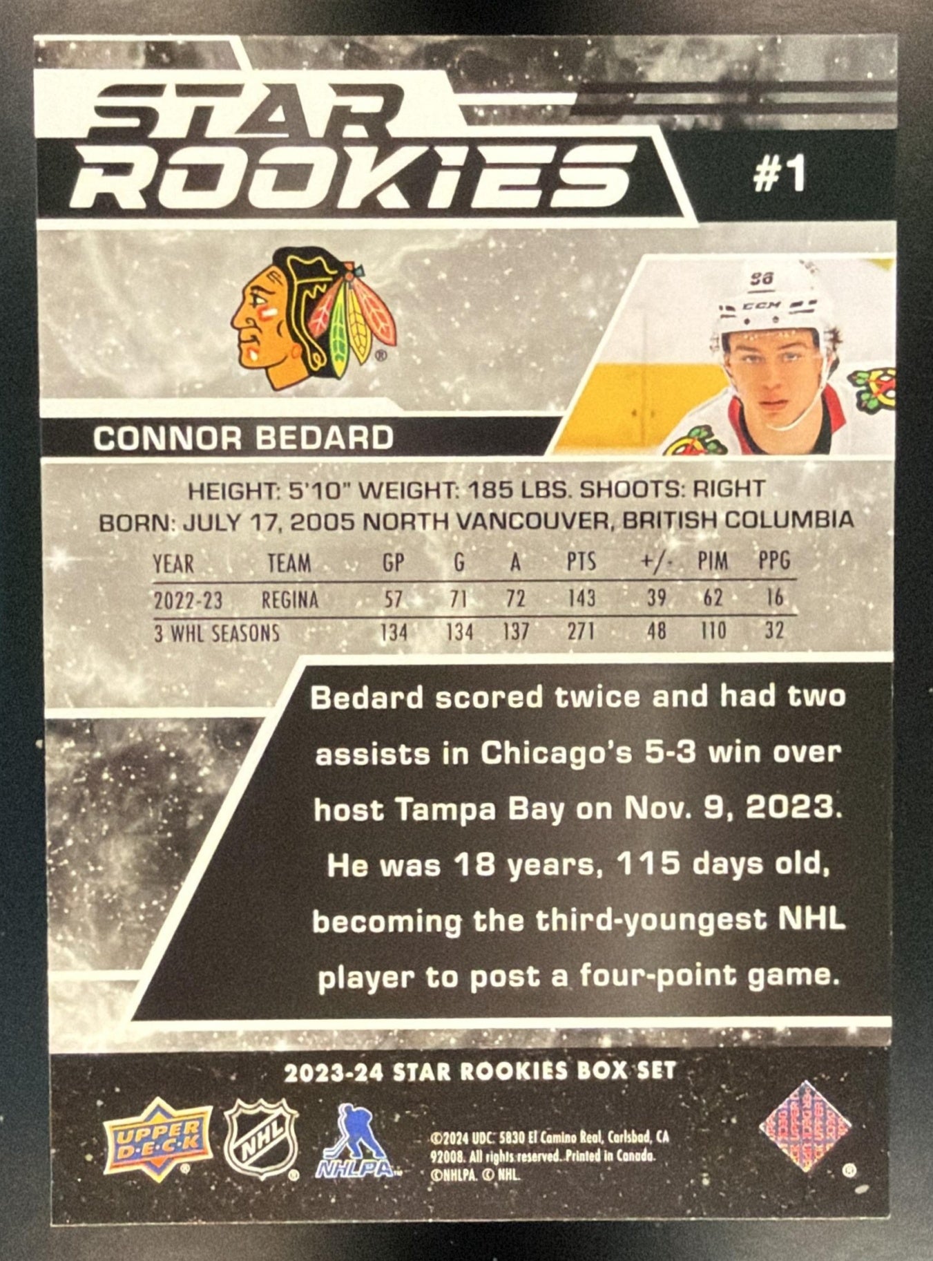 2023-24 Upper Deck NHL Star Rookies Box Set Connor Bedard #1 RC Blackhawks — back