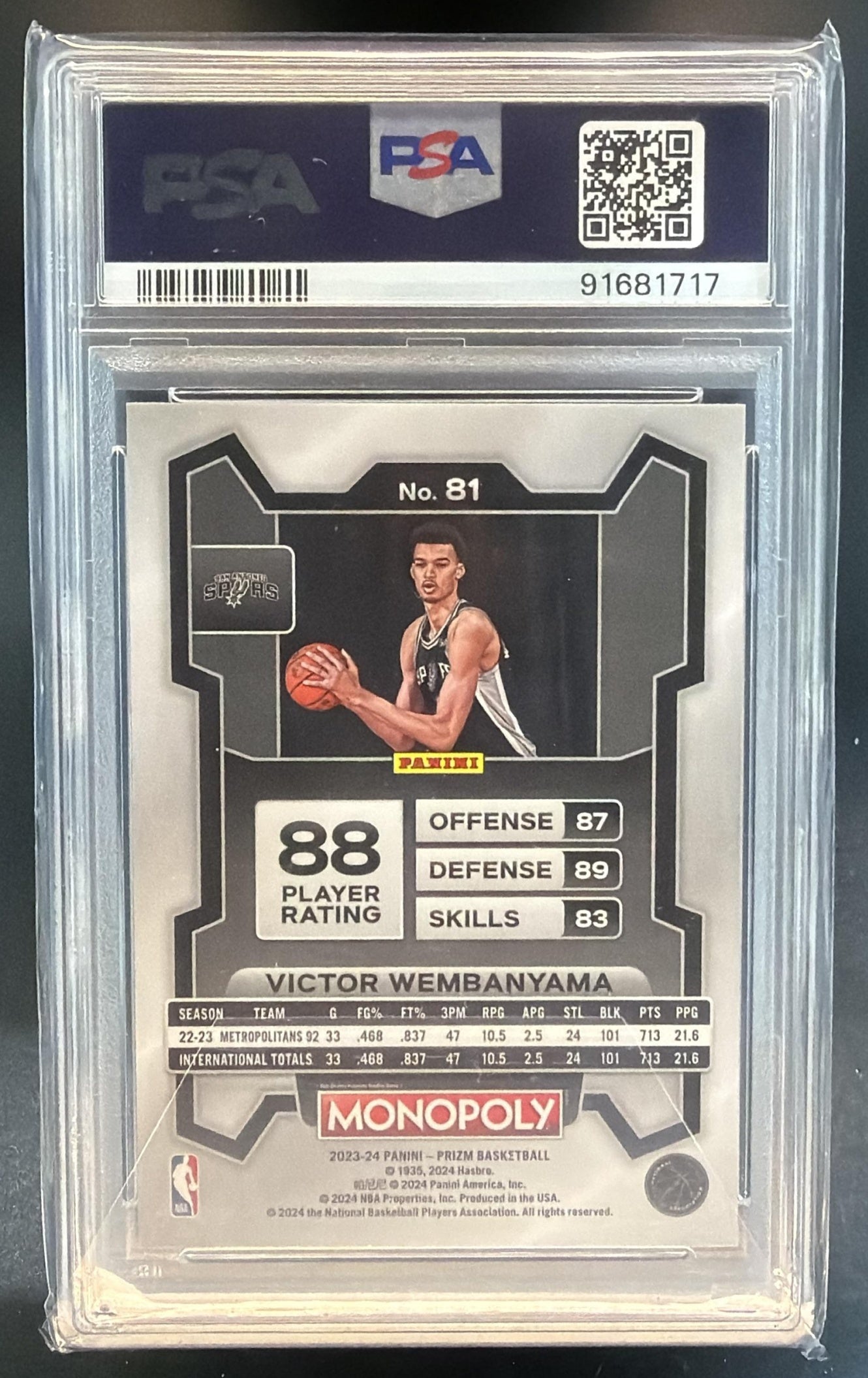 2023-24 Panini Prizm Monopoly Victor Wembanyama #81 RC Spurs PSA 9 — back