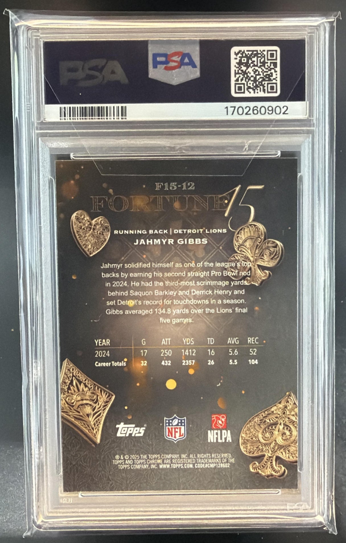 2025 Topps Chrome Jahmyr Gibbs #F15-12 Fortune 15 X-Fractor Lions PSA 10 — back
