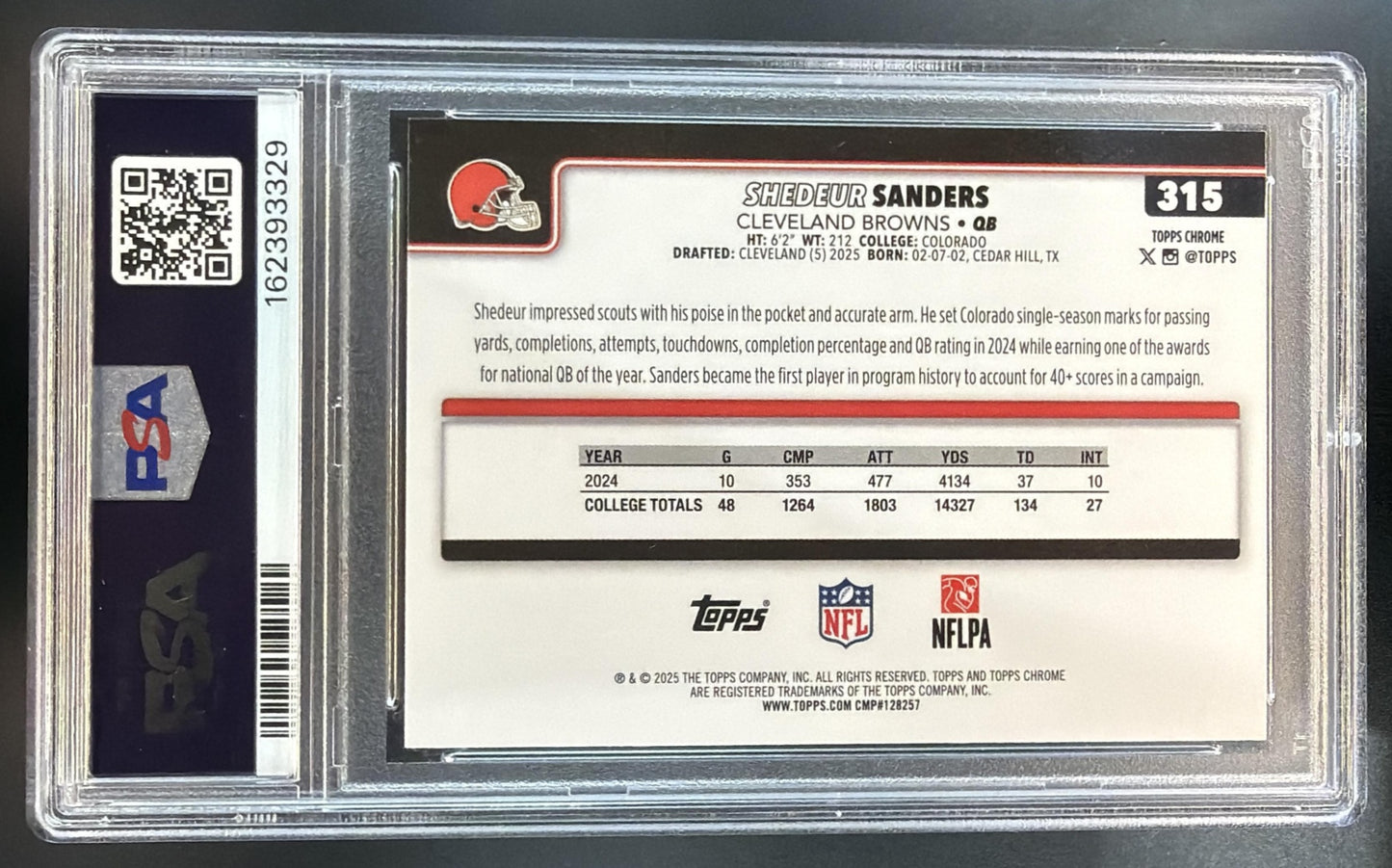 2025 Topps Chrome Shedeur Sanders #315 Rookie Neon Pulse Refractor RC PSA 10 — back