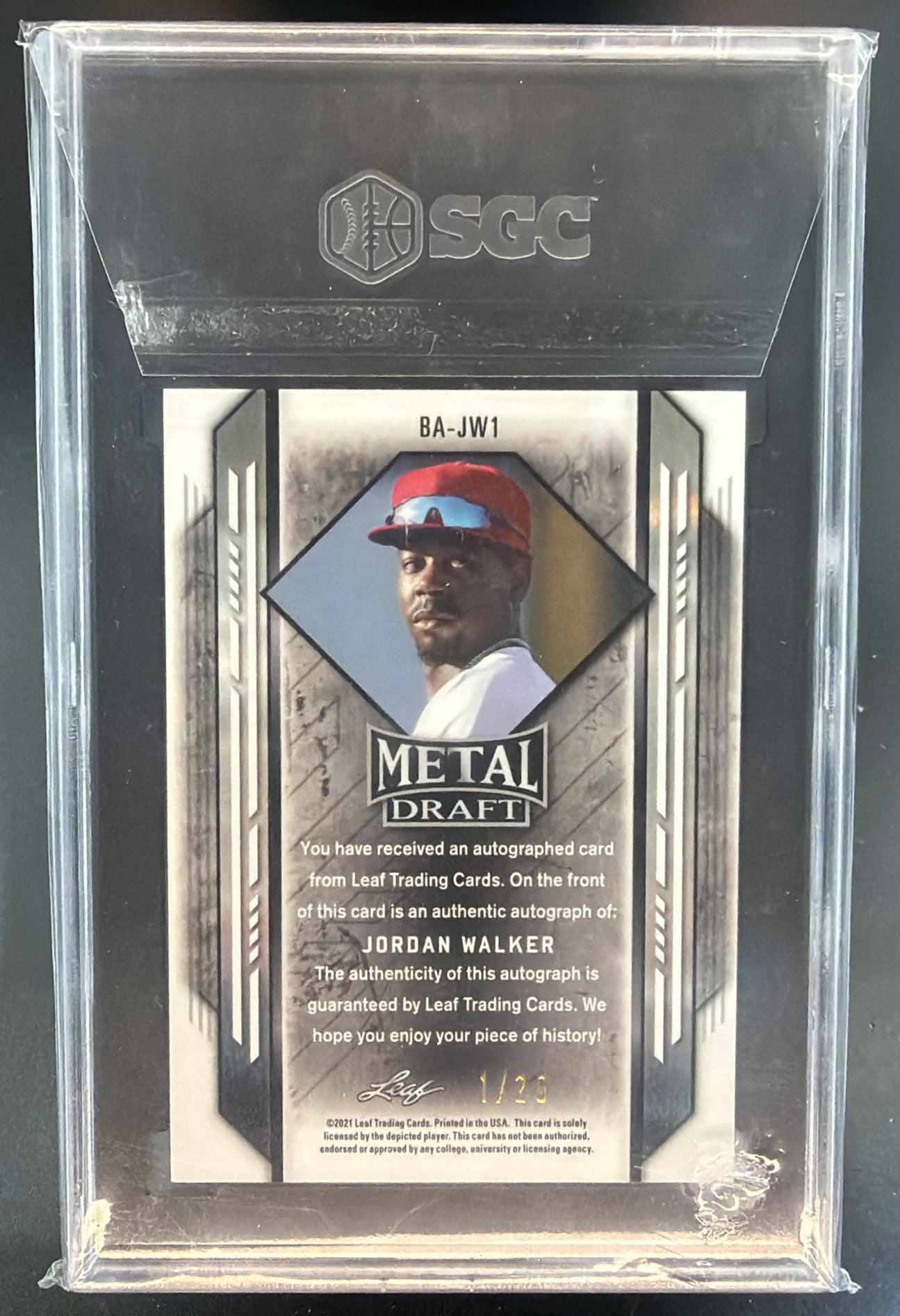 2021 Leaf Metal Draft Jordan Walker #BA-JW1 Blue Wave 1/20 Auto SGC 10 — back