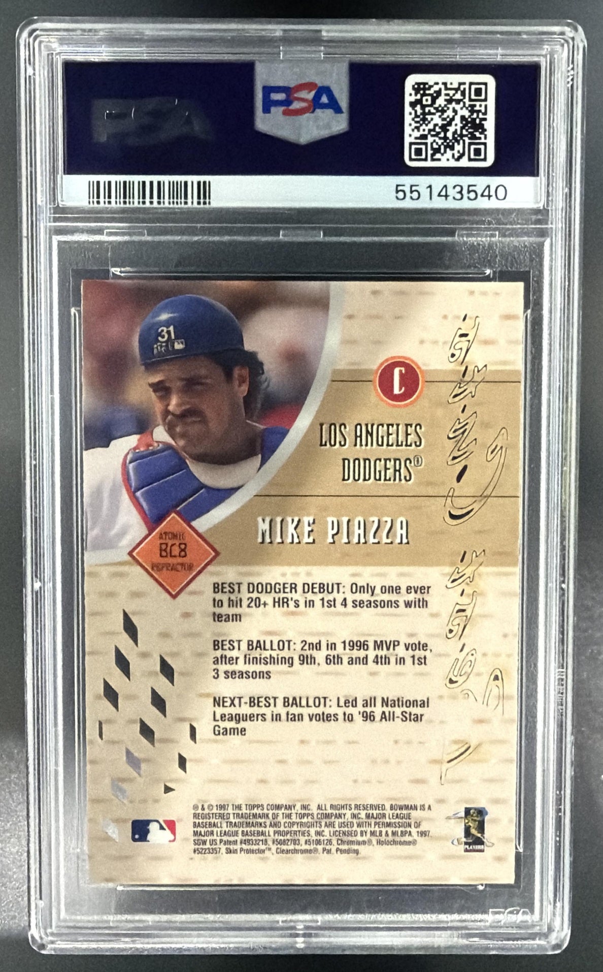 1997 Bowman's Best Mike Piazza #BC8 Cuts Atomic Refractor Dodgers PSA 9 — back