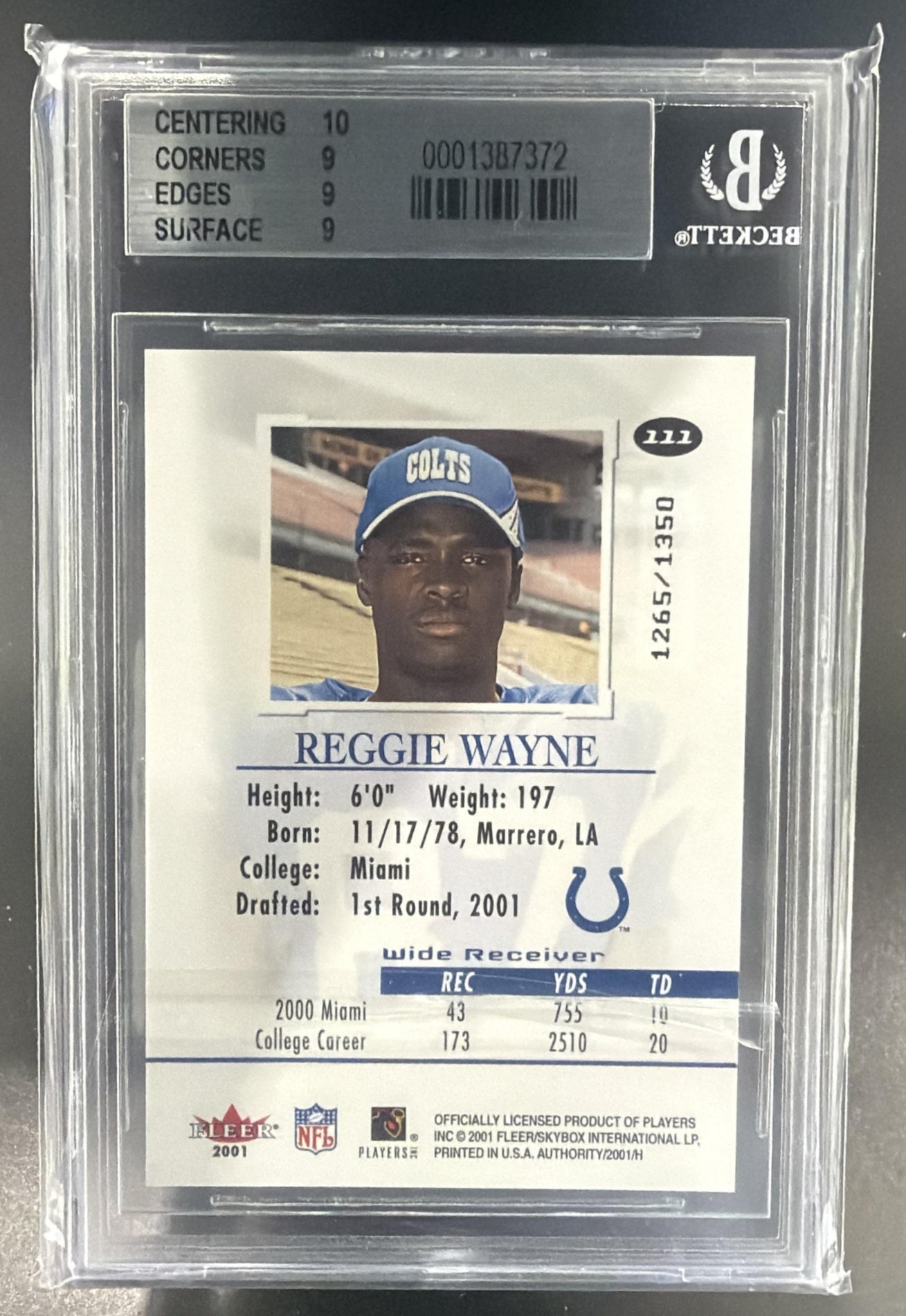 2001 Fleer Authority Reggie Wayne #111/1350 RC Colts — back