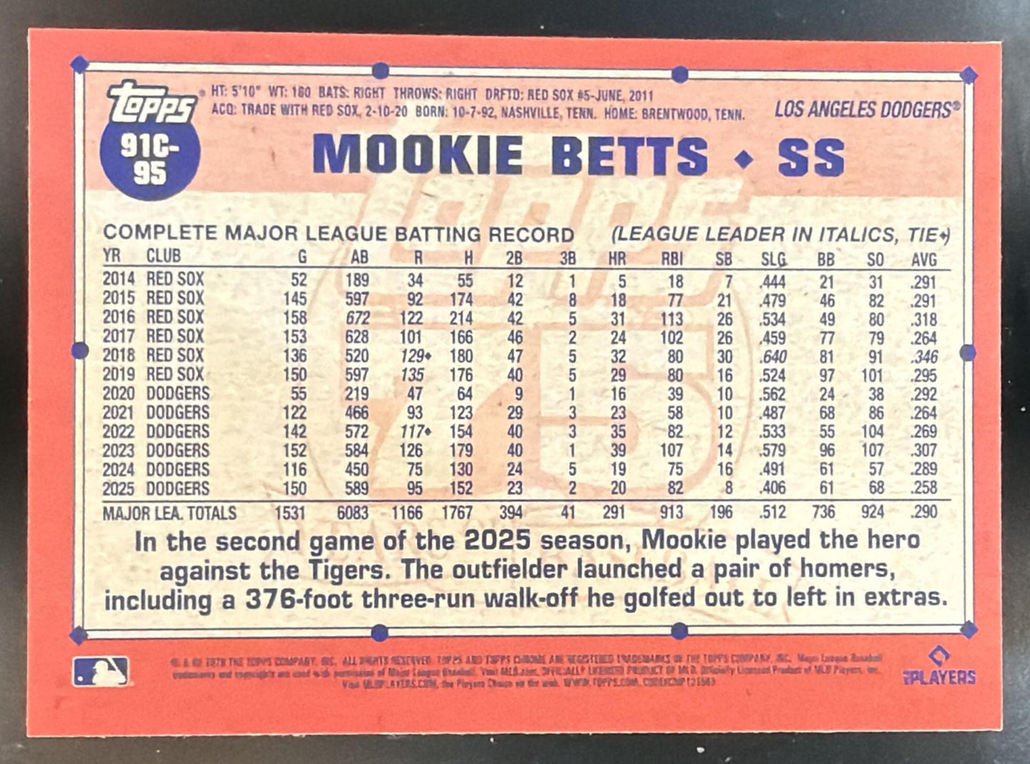2026 Topps Series 1 Mookie Betts 1991 Chrome Blue Mojo Refractor /150 — back